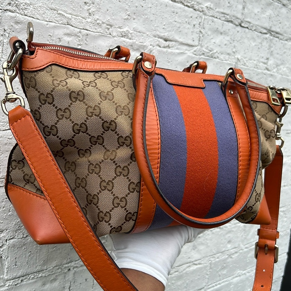 SOLD 🛑 GUCCI GG Canvas Sherry Line Hand Bag 2way Blue Beige Orange - Picture 4 of 17